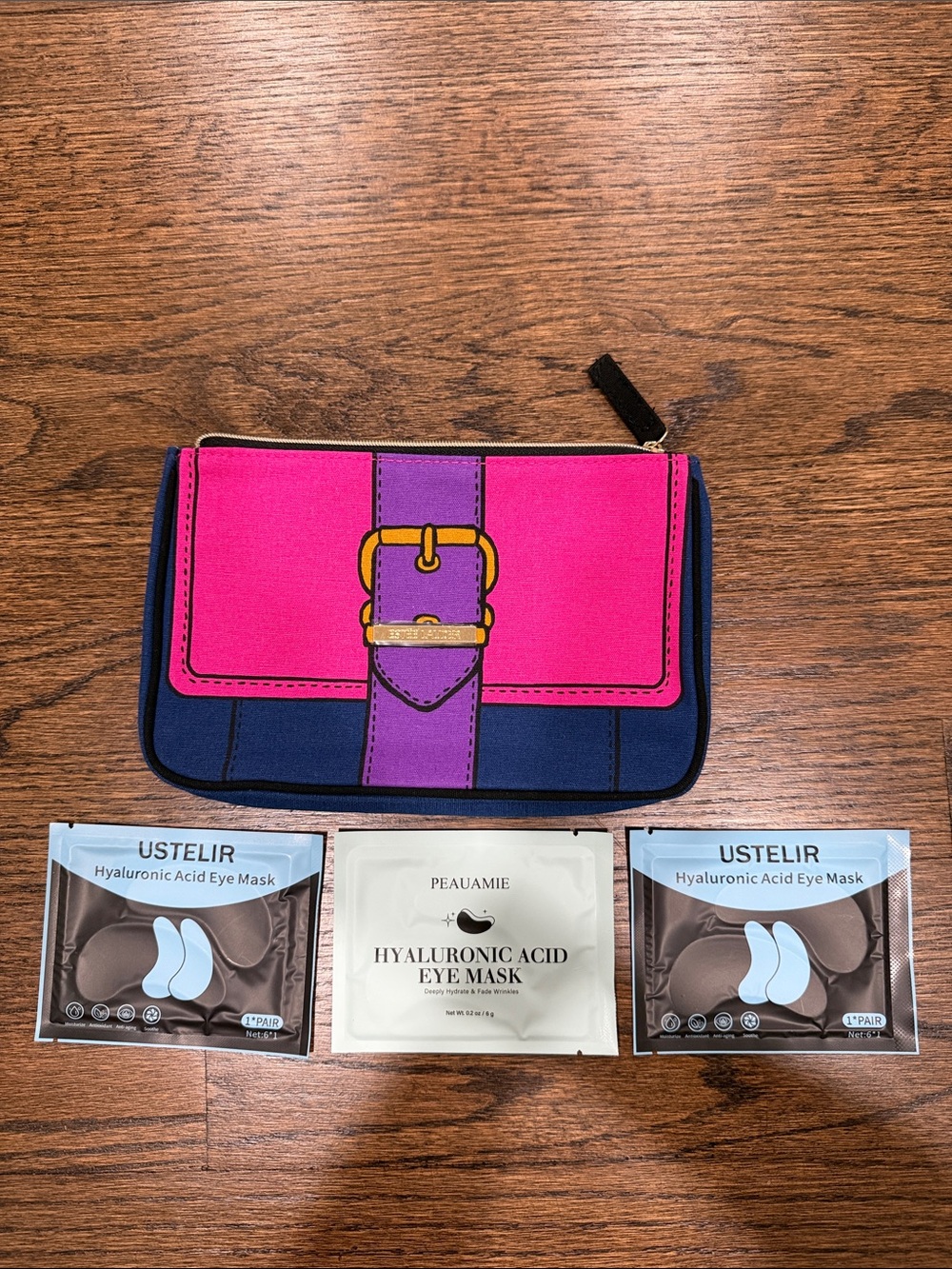 Estee Lauder Colorblock Pink and Purple Cosmetic bag and eye masks